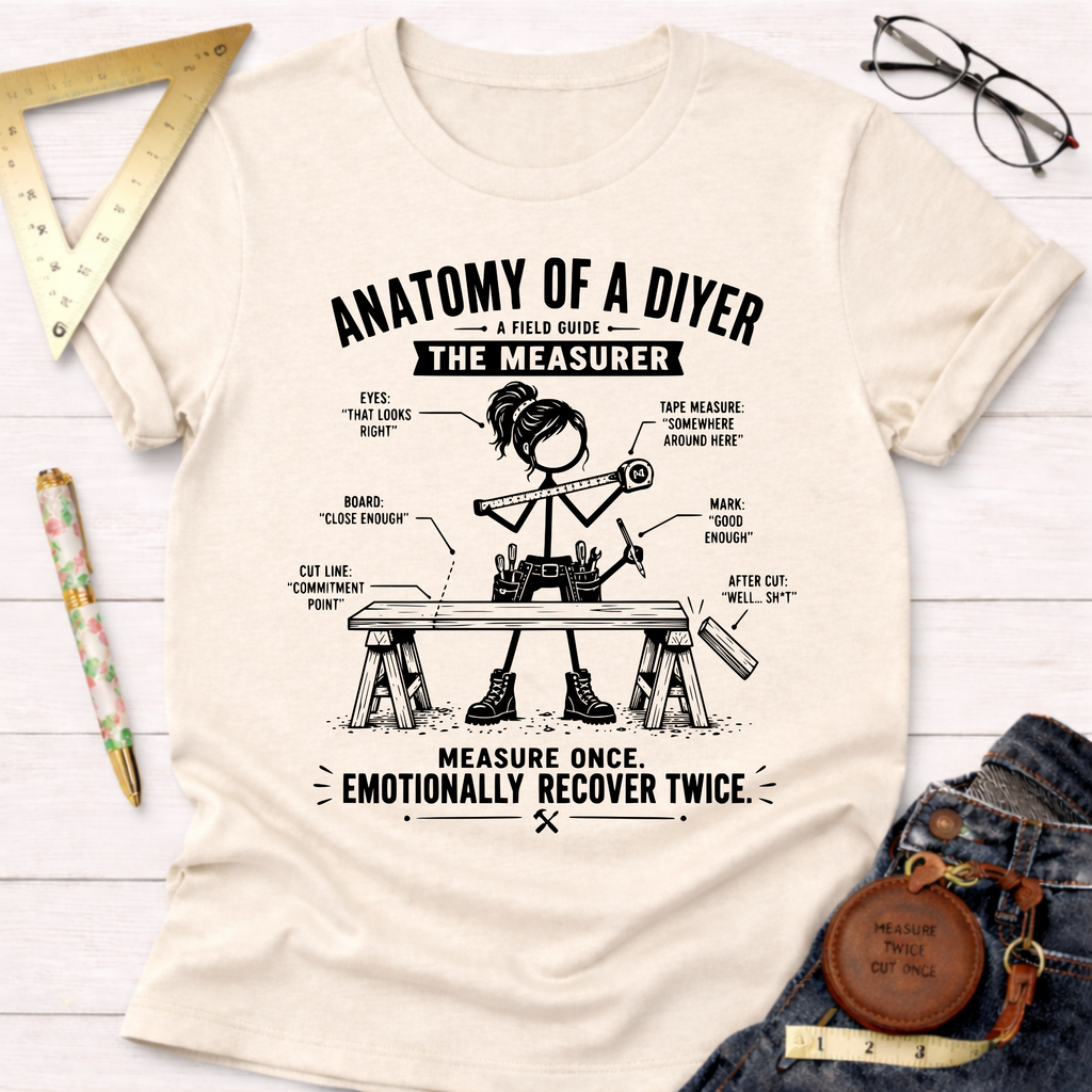 Women's funny woodworking graphic tee shirt for female woodworkers, makers, and DIY builders — Sawdust & Ponytails. Cream t-shirt with "Anatomy of a DIYer: The Measurer" graphic.