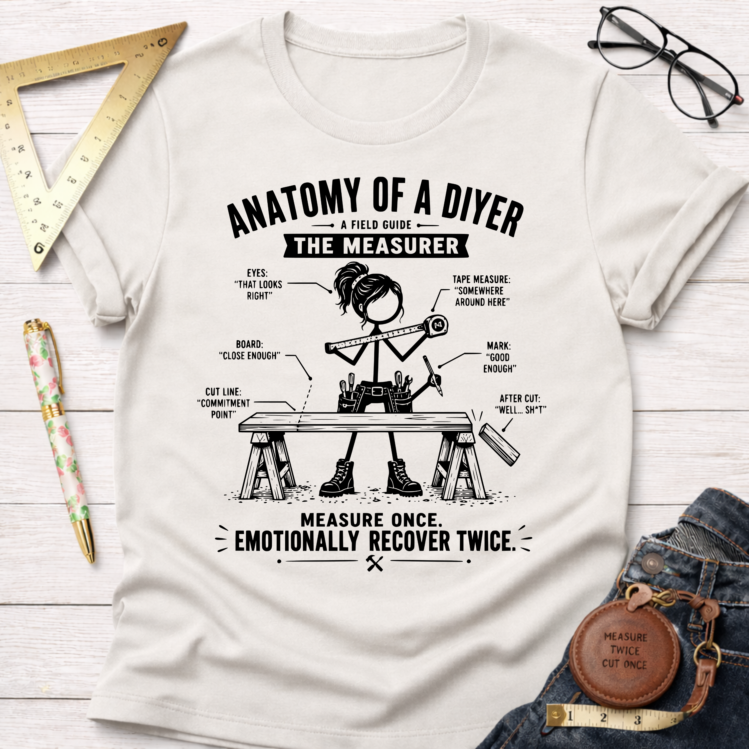 Women's funny woodworking graphic tee shirt for female woodworkers, makers, and DIY builders — Sawdust & Ponytails. White cotton t-shirt with "Anatomy Of A DIYer The Measurer" graphic.