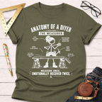 Women's funny woodworking graphic tee shirt for female woodworkers, makers, and DIY builders — Sawdust & Ponytails. Olive green cotton blend t-shirt with white "Anatomy of a DIYer" graphic.