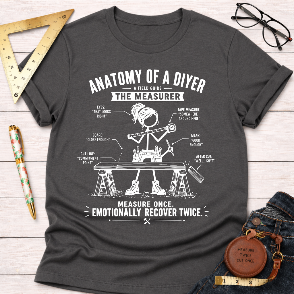 Charcoal gray women's funny woodworking graphic tee shirt for female woodworkers, makers, and DIY builders — Sawdust & Ponytails.