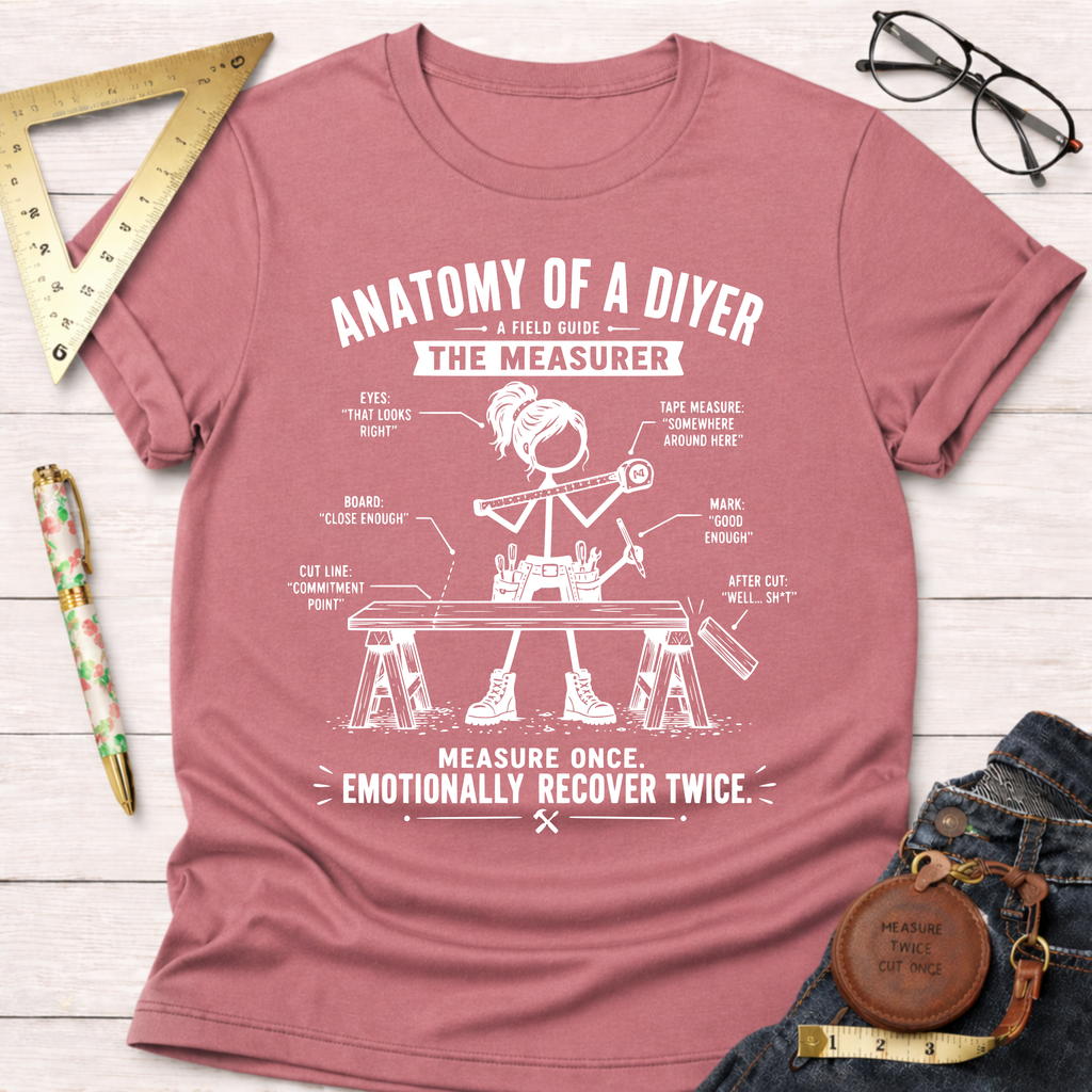 Women's funny woodworking graphic tee shirt for female woodworkers, makers, and DIY builders — Sawdust & Ponytails. Mauve pink cotton t-shirt with "Anatomy of a DIYer The Measurer" graphic.