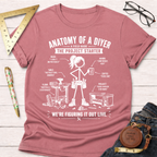 Women's funny woodworking graphic tee shirt for female woodworkers, makers, and DIY builders — Sawdust & Ponytails. Mauve pink t-shirt with a white "Anatomy of a DIYer" graphic.