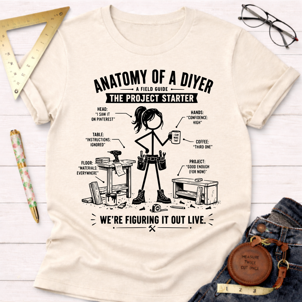 Women's funny woodworking graphic tee shirt for female woodworkers, makers, and DIY builders — Sawdust & Ponytails. Cream t-shirt with "Anatomy of a DIYer" graphic.