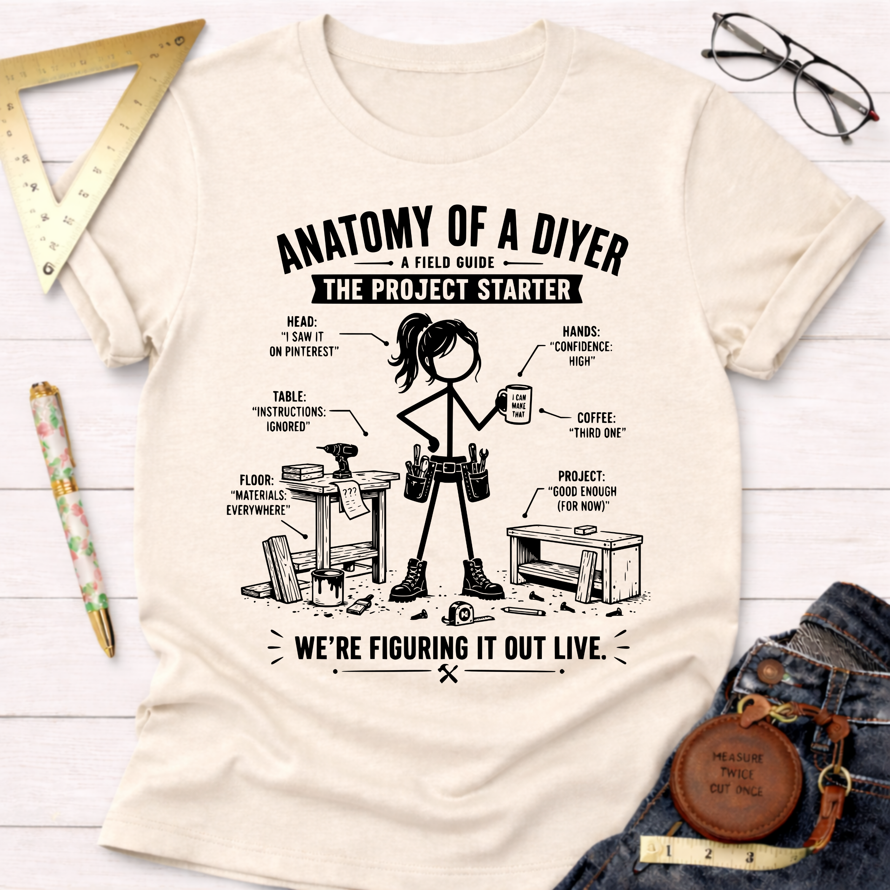 Women's funny woodworking graphic tee shirt for female woodworkers, makers, and DIY builders — Sawdust & Ponytails. Cream t-shirt with "Anatomy of a DIYer" graphic.