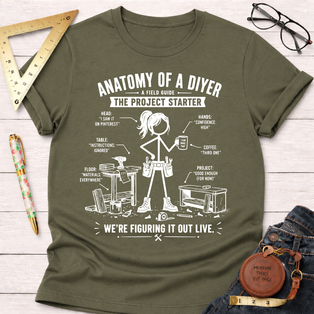 Women's funny woodworking graphic tee shirt for female woodworkers, makers, and DIY builders — Sawdust & Ponytails. Olive green short-sleeve t-shirt with white "Anatomy of a DIYer" graphic.