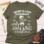 Women's funny woodworking graphic tee shirt for female woodworkers, makers, and DIY builders — Sawdust & Ponytails. Olive green short-sleeve t-shirt with white "Anatomy of a DIYer" graphic.