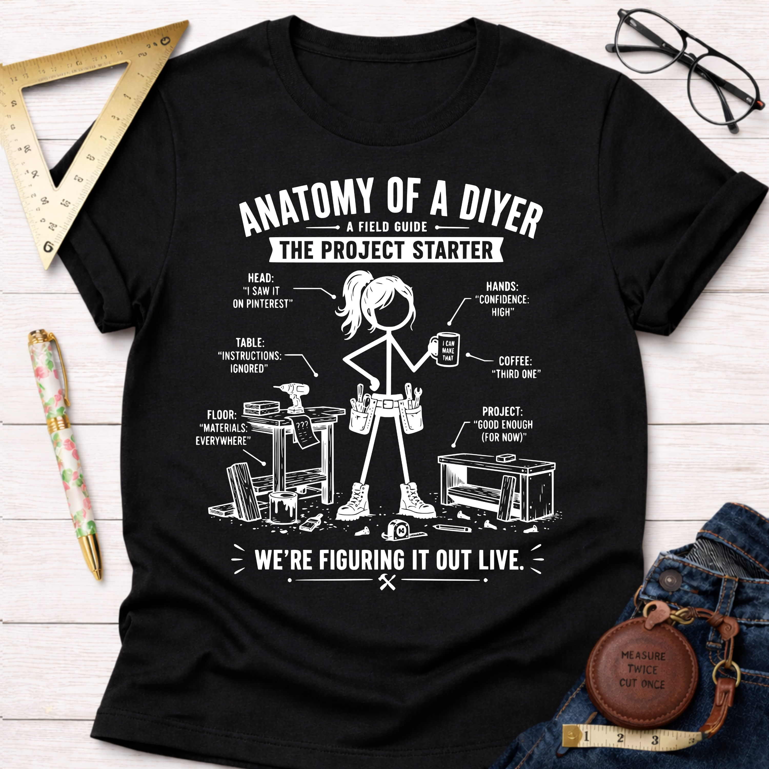 Black women's funny woodworking graphic tee shirt for female woodworkers, makers, and DIY builders — Sawdust & Ponytails.