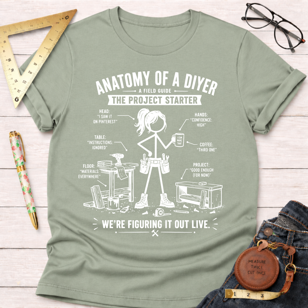 Women's funny woodworking graphic tee shirt for female woodworkers, makers, and DIY builders — Sawdust & Ponytails. Light green cotton t-shirt with a white "Anatomy of a DIYer" graphic.
