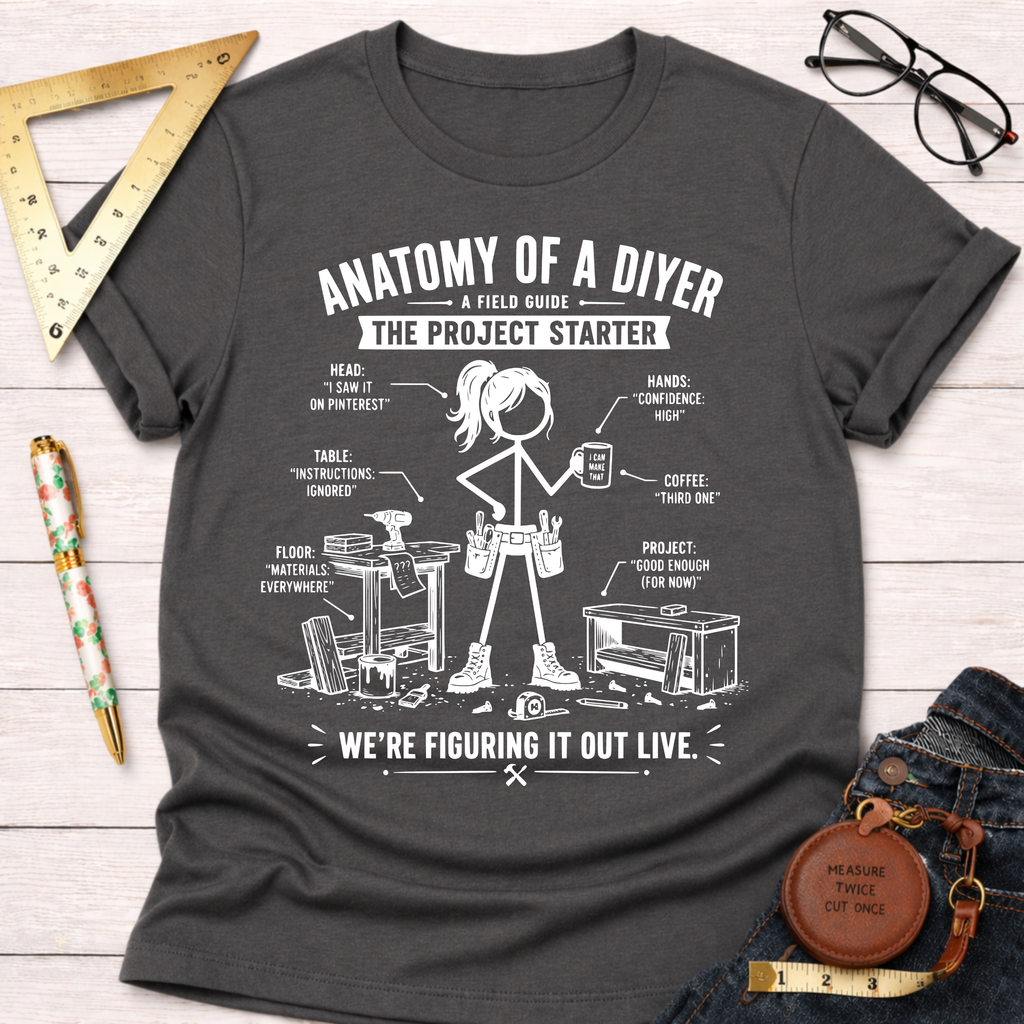 Charcoal gray women's funny woodworking graphic tee for female DIY builders, makers, and woodworkers — Sawdust & Ponytails.