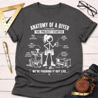 Charcoal gray women's funny woodworking graphic tee for female DIY builders, makers, and woodworkers — Sawdust & Ponytails.
