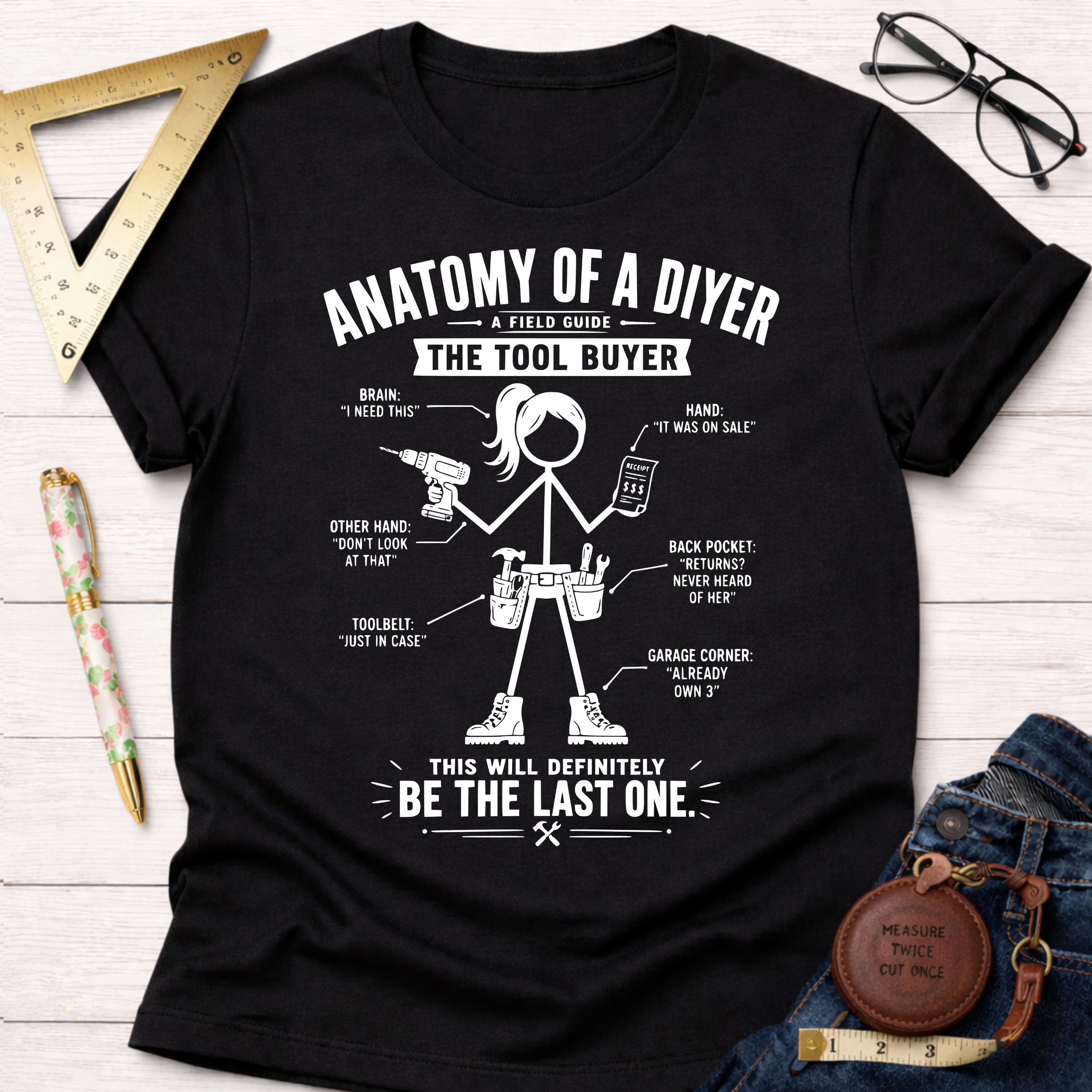 Black women's funny woodworking graphic tee with "Anatomy of a DIYer The Tool Buyer" design.