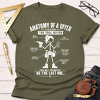 Women's funny woodworking graphic tee shirt for female woodworkers, makers, and DIY builders — Sawdust & Ponytails. Olive green crewneck t-shirt with "Anatomy of a DIYer The Tool Buyer" graphic.