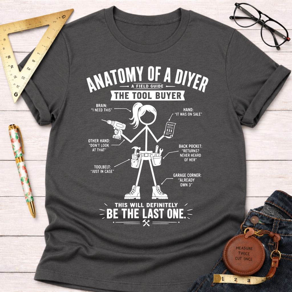 Charcoal gray women's funny woodworking graphic tee for female woodworkers, makers, and DIY builders — Sawdust & Ponytails.