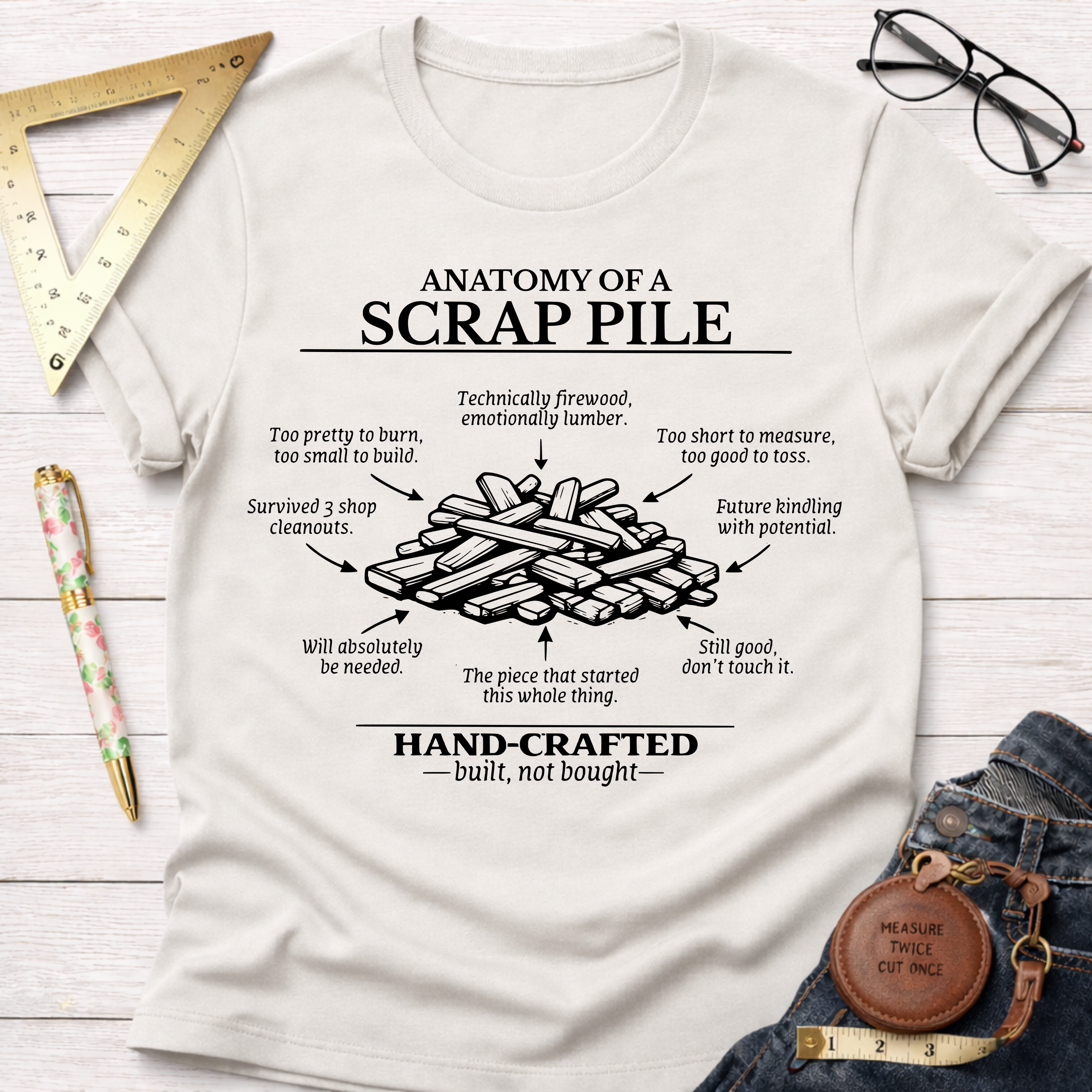 Women's funny woodworking graphic tee shirt for female woodworkers, makers, and DIY builders — Sawdust & Ponytails.