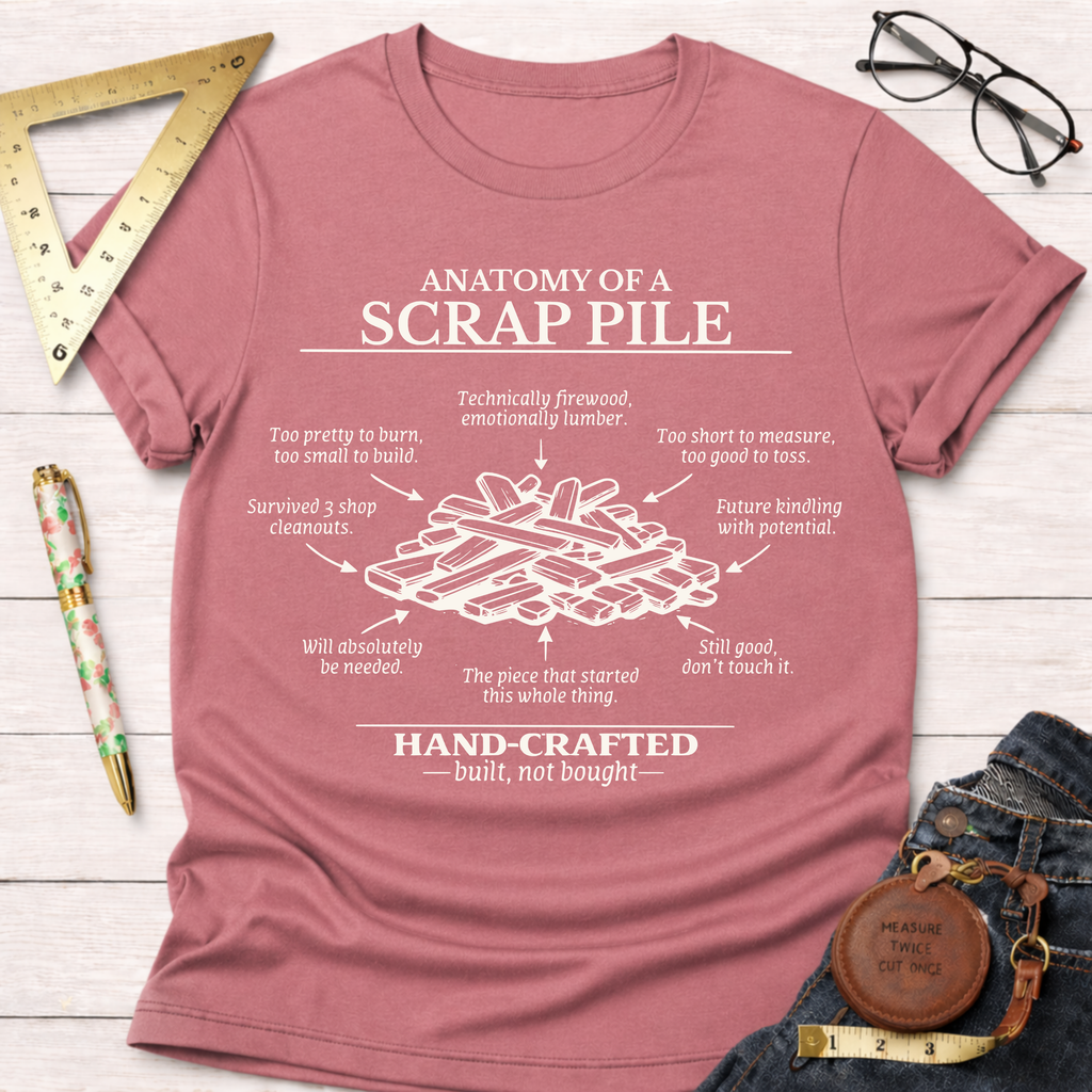 Women's funny woodworking graphic tee shirt for female woodworkers, makers, and DIY builders — Sawdust & Ponytails. Pink t-shirt with "Anatomy of a Scrap Pile" graphic.