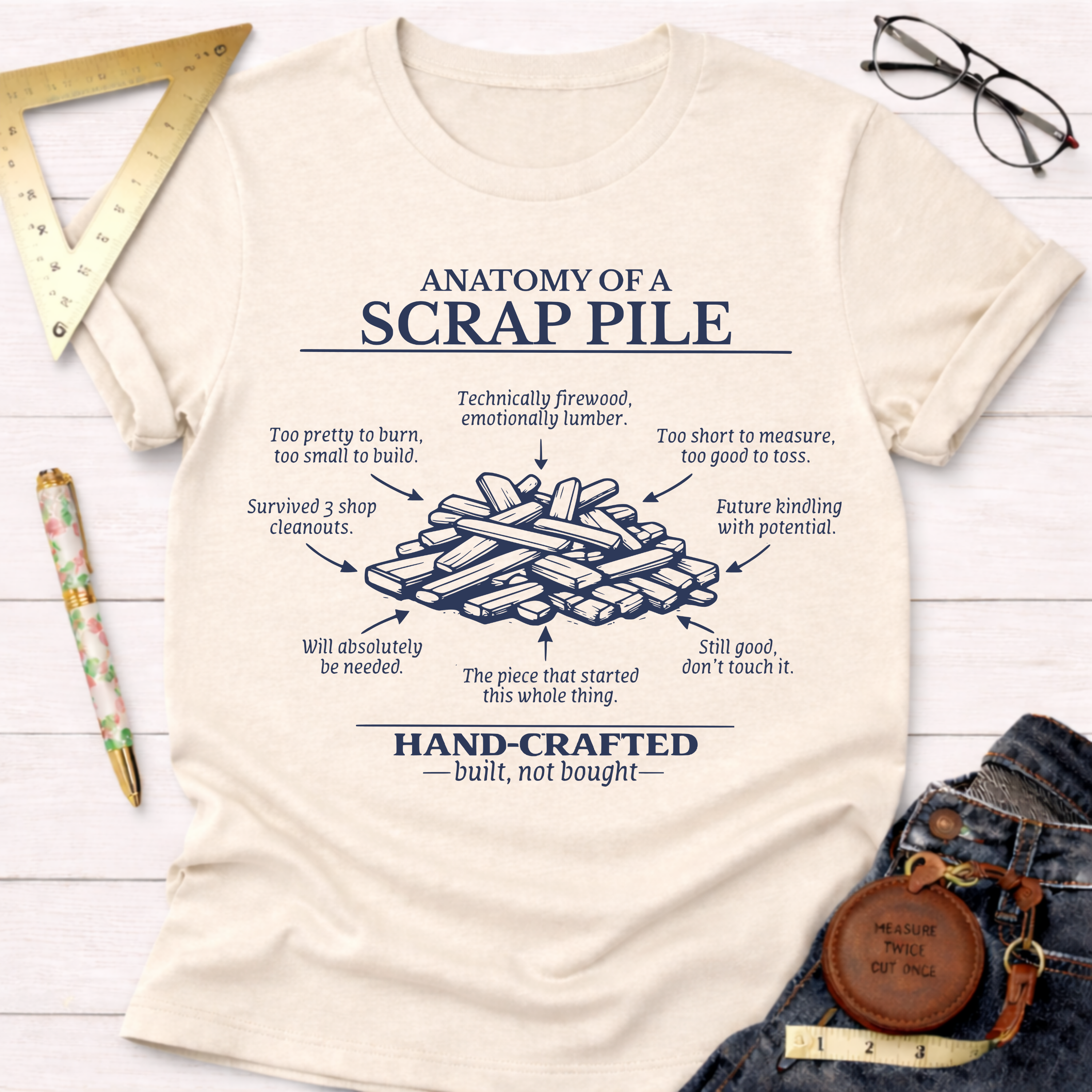 Women's funny woodworking graphic tee shirt for female woodworkers, makers, and DIY builders — Sawdust & Ponytails. Cream t-shirt with "Anatomy of a Scrap Pile" graphic.