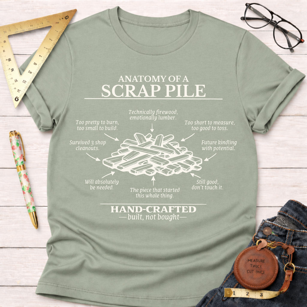 Women's funny woodworking graphic tee shirt for female woodworkers, makers, and DIY builders — Sawdust & Ponytails. Light green t-shirt with "Anatomy Of A Scrap Pile" graphic.