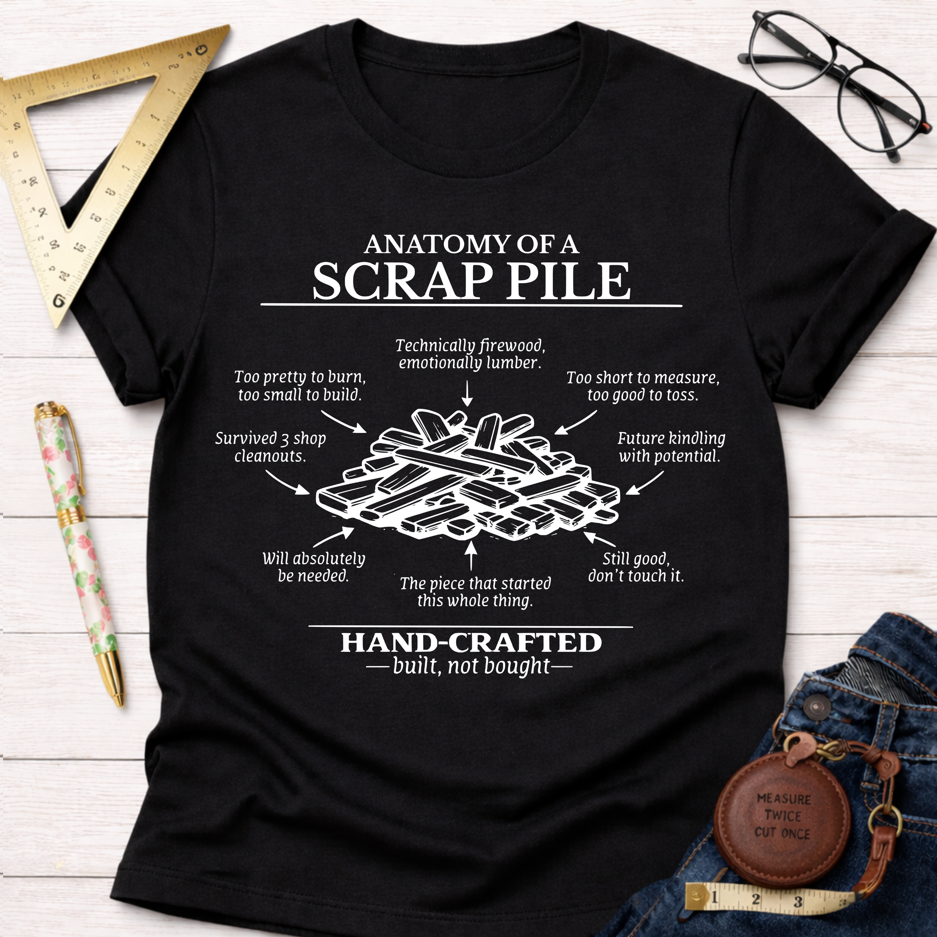 Women's funny woodworking graphic tee shirt for female woodworkers, makers, and DIY builders — Sawdust & Ponytails. Black cotton t-shirt with "Anatomy of a Scrap Pile" graphic.