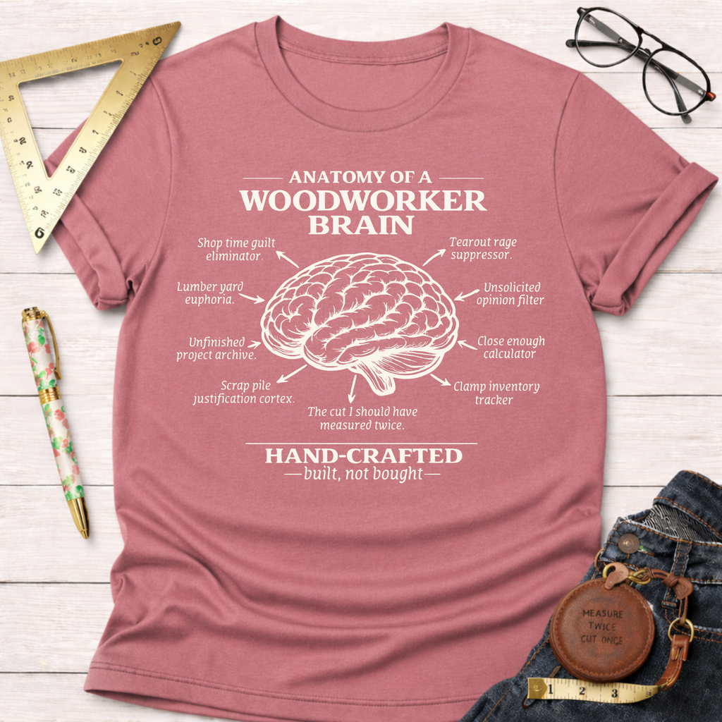 Women's funny woodworking graphic tee shirt for female woodworkers, makers, and DIY builders — Sawdust & Ponytails. Pink short-sleeve t-shirt with "Anatomy of a Woodworker Brain" graphic.