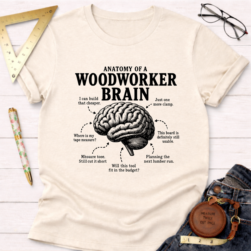 Cream t-shirt with "Anatomy of a Woodworker Brain" graphic, showing a brain with woodworking thoughts.