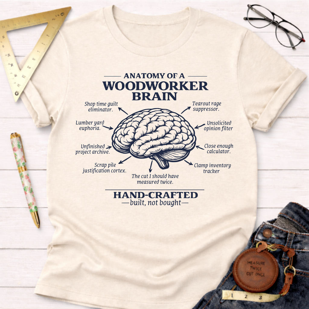 Women's funny woodworking graphic tee shirt for female woodworkers, makers, and DIY builders — Sawdust & Ponytails. Cream t-shirt with "Anatomy of a Woodworker Brain" graphic.