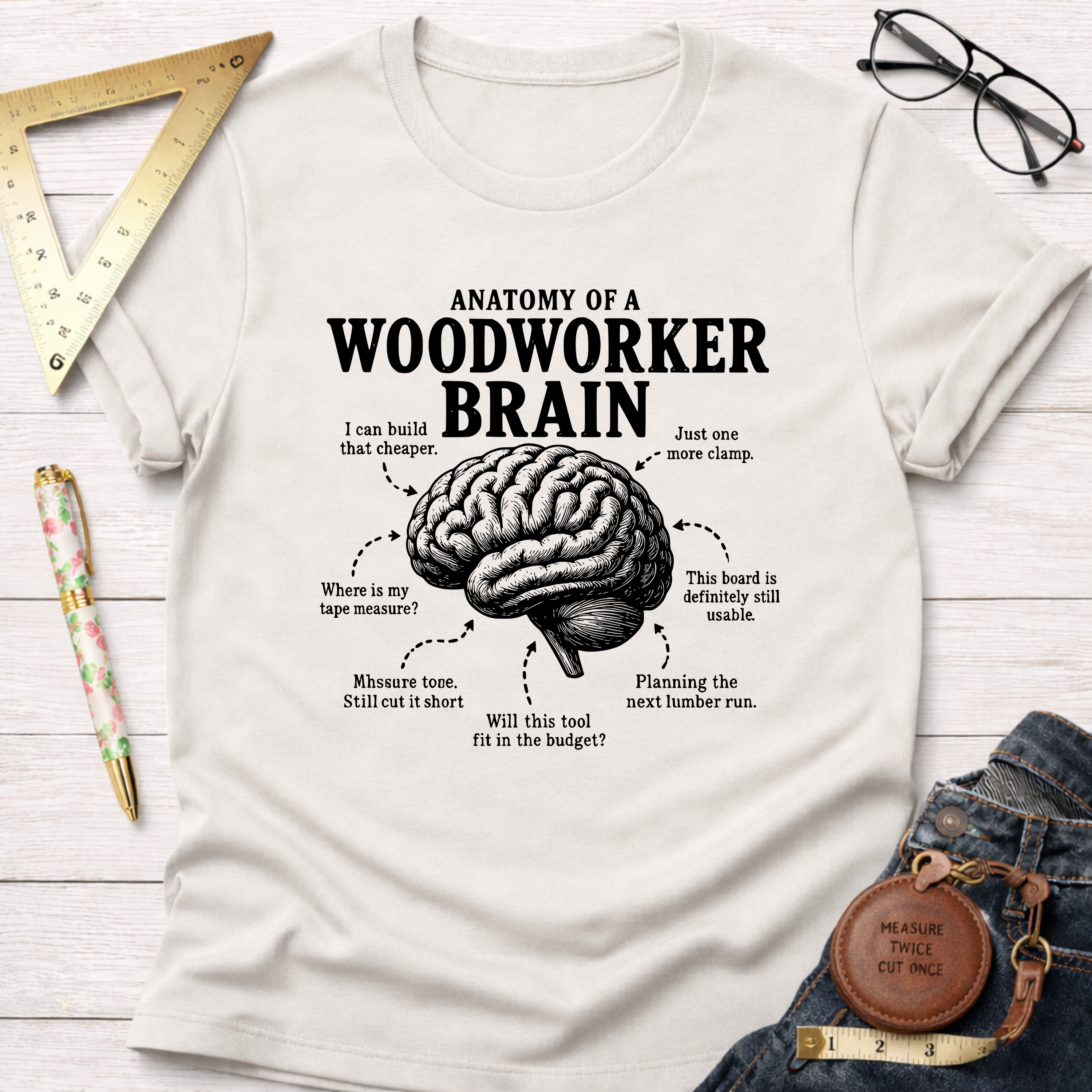 White t-shirt with "Anatomy of a Woodworker Brain" graphic, showing a brain with humorous thoughts.