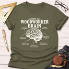 Olive green t-shirt with "Anatomy of a Woodworker Brain" graphic and humorous woodworking thoughts.