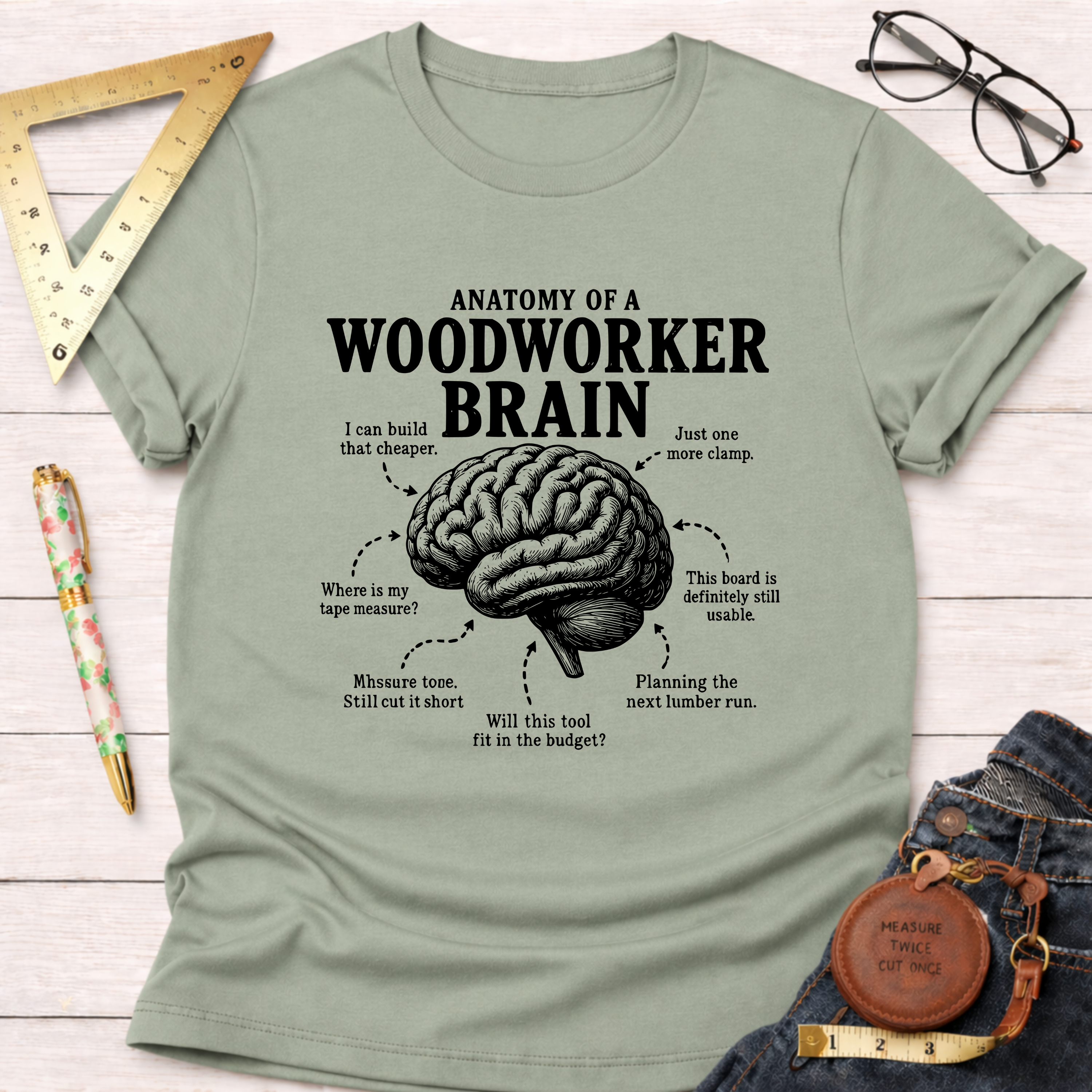 Sage green cotton t-shirt with "Anatomy of a Woodworker Brain" graphic and humorous woodworking thoughts.