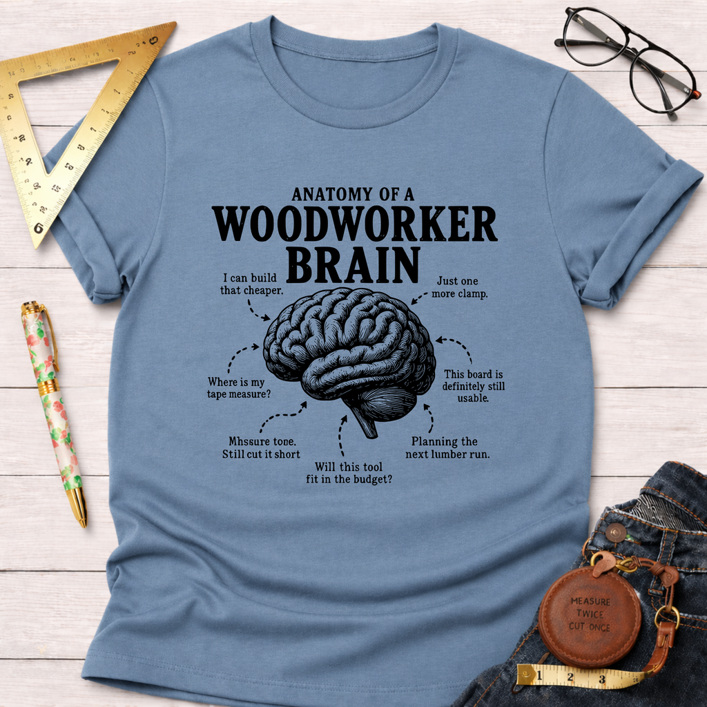 Light blue cotton t-shirt with "Anatomy of a Woodworker Brain" graphic and humorous thought bubbles.