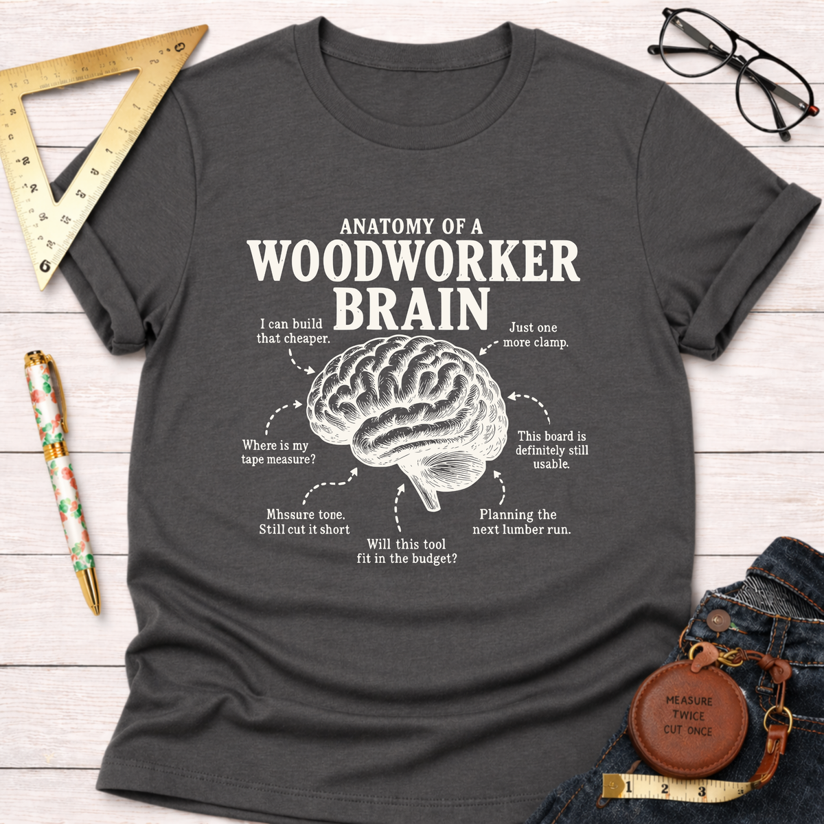 Charcoal gray t-shirt with "Anatomy of a Woodworker Brain" text and a brain graphic with woodworking thoughts.
