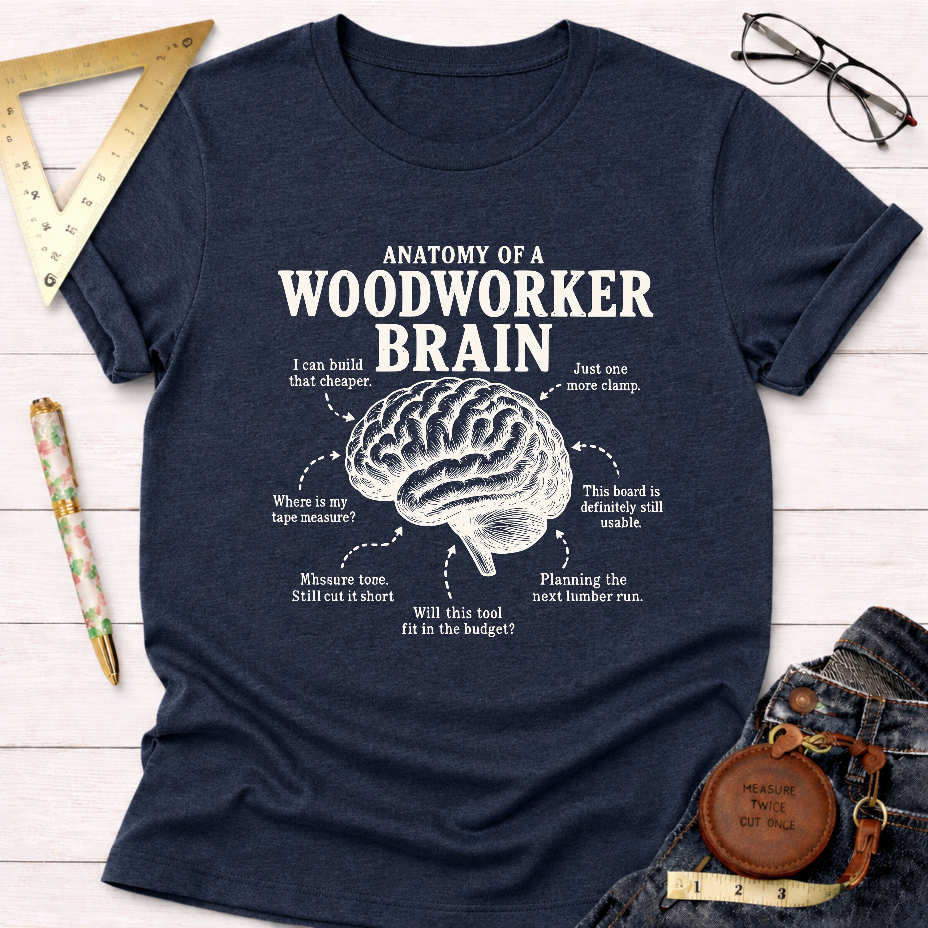 Navy blue heather t-shirt with "Anatomy of a Woodworker Brain" graphic and humorous woodworking thoughts.
