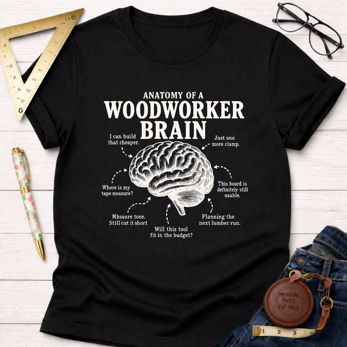 Black cotton t-shirt with "Anatomy of a Woodworker Brain" graphic, featuring a brain diagram and humorous thoughts.