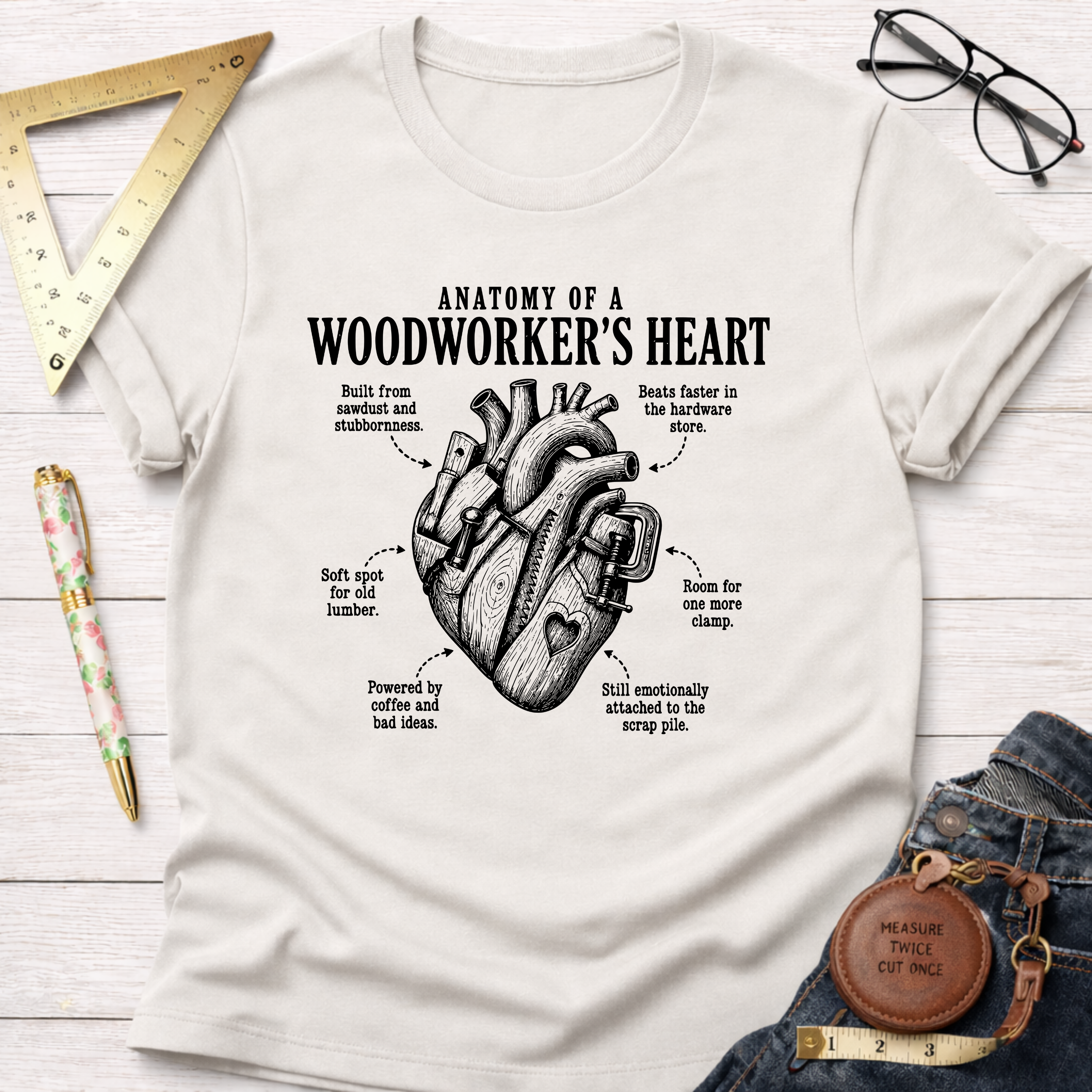 White cotton t-shirt with "Anatomy of a Woodworker's Heart" graphic featuring a detailed, wood-textured heart.