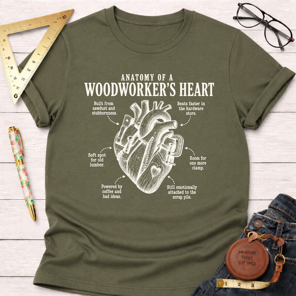 Olive green t-shirt with "Anatomy of a Woodworker's Heart" design, showing a heart made of woodworking tools.