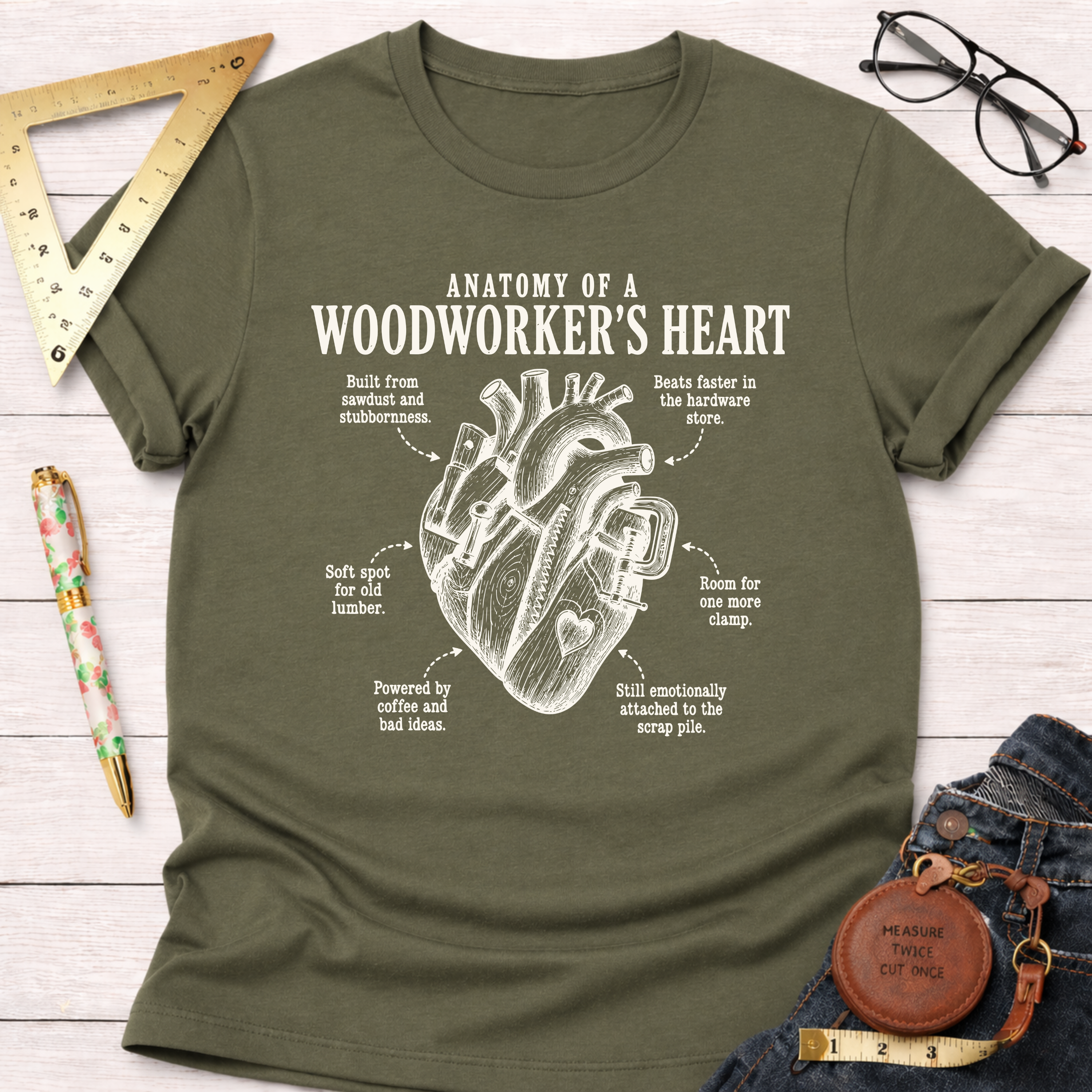 Olive green t-shirt with "Anatomy of a Woodworker's Heart" design, showing a heart made of woodworking tools.