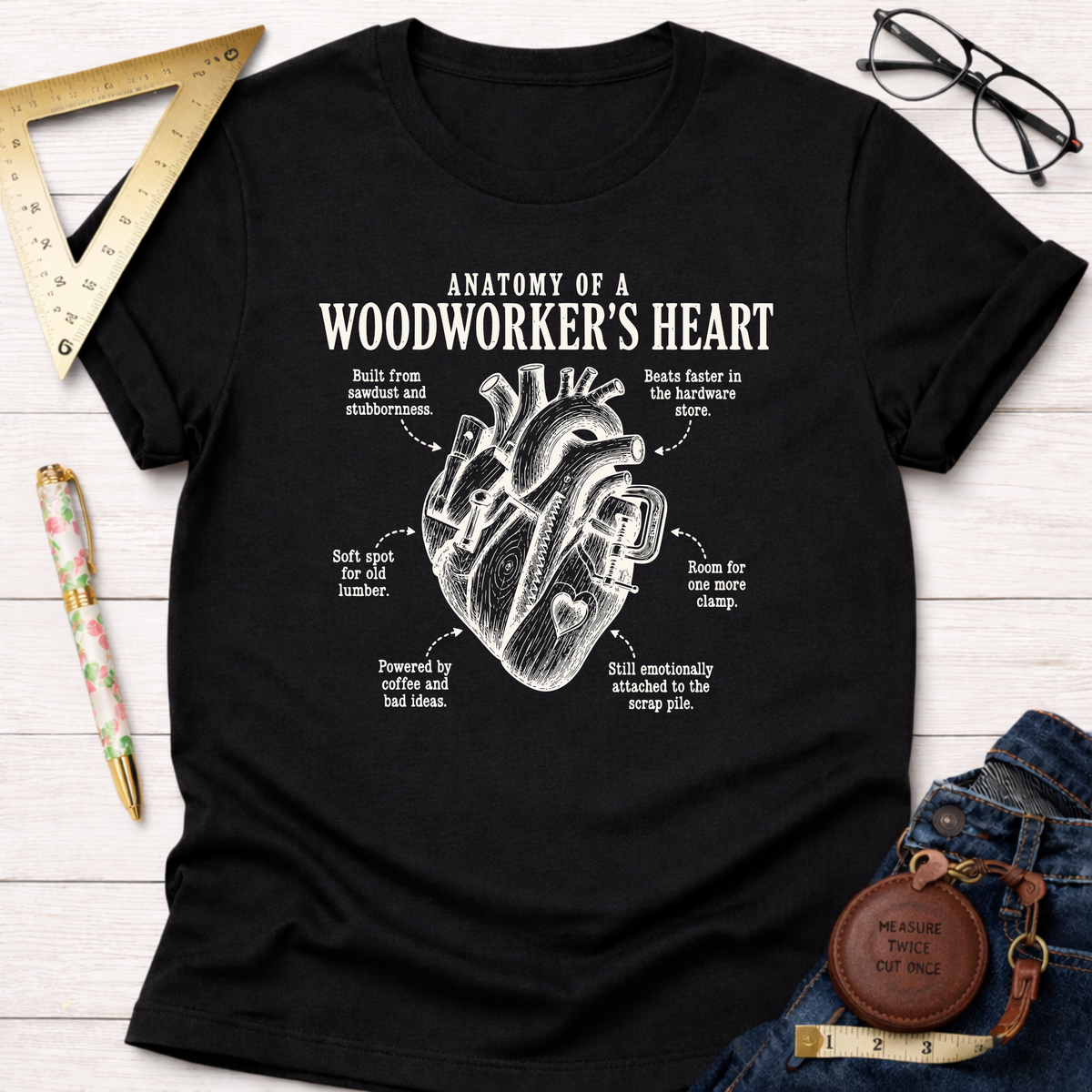 Black t-shirt with "Anatomy Of A Woodworker's Heart" text and a detailed heart graphic made of woodworking tools.