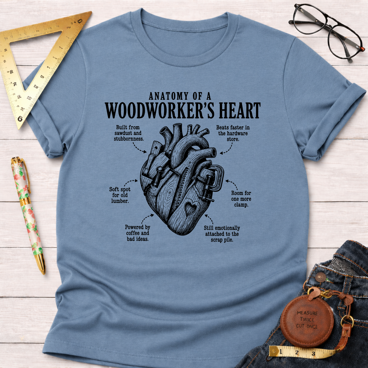 Blue t-shirt with "Anatomy of a Woodworker's Heart" graphic, showing a heart made of tools and wood.