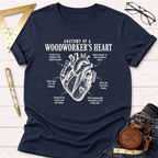 Navy blue heather t-shirt with "Anatomy of a Woodworker's Heart" graphic and humorous labels.