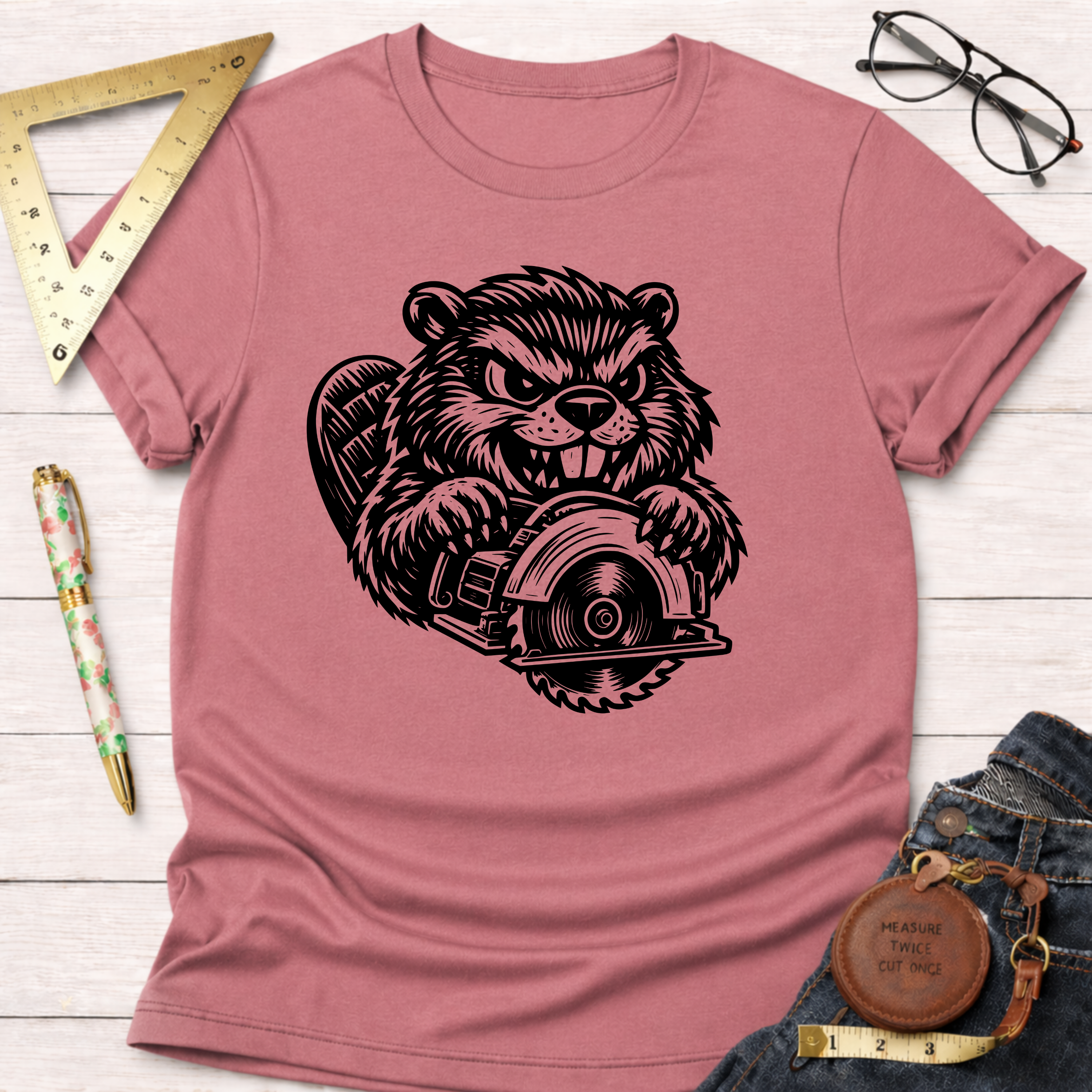 Dusty rose t-shirt with a black graphic of an angry beaver holding a circular saw.