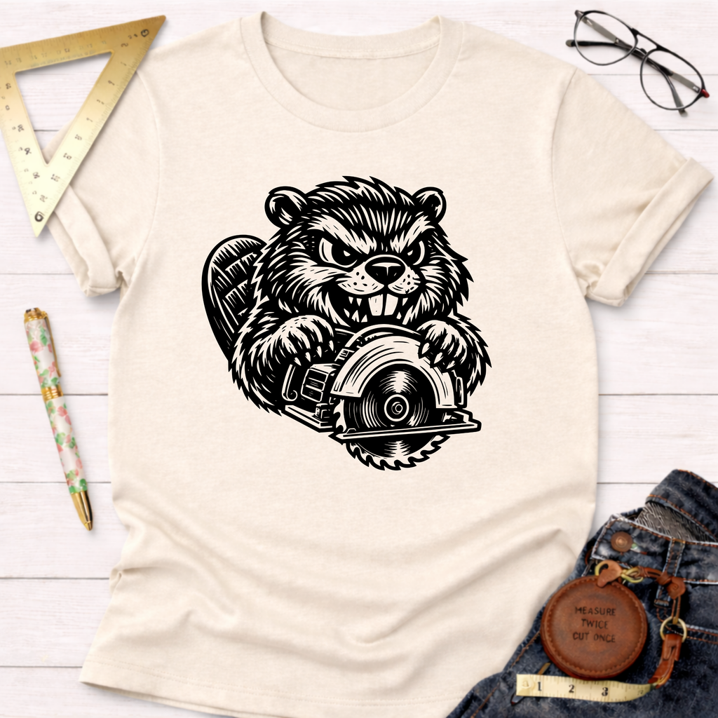 Cream t-shirt with a bold black graphic of an angry beaver holding a circular saw.