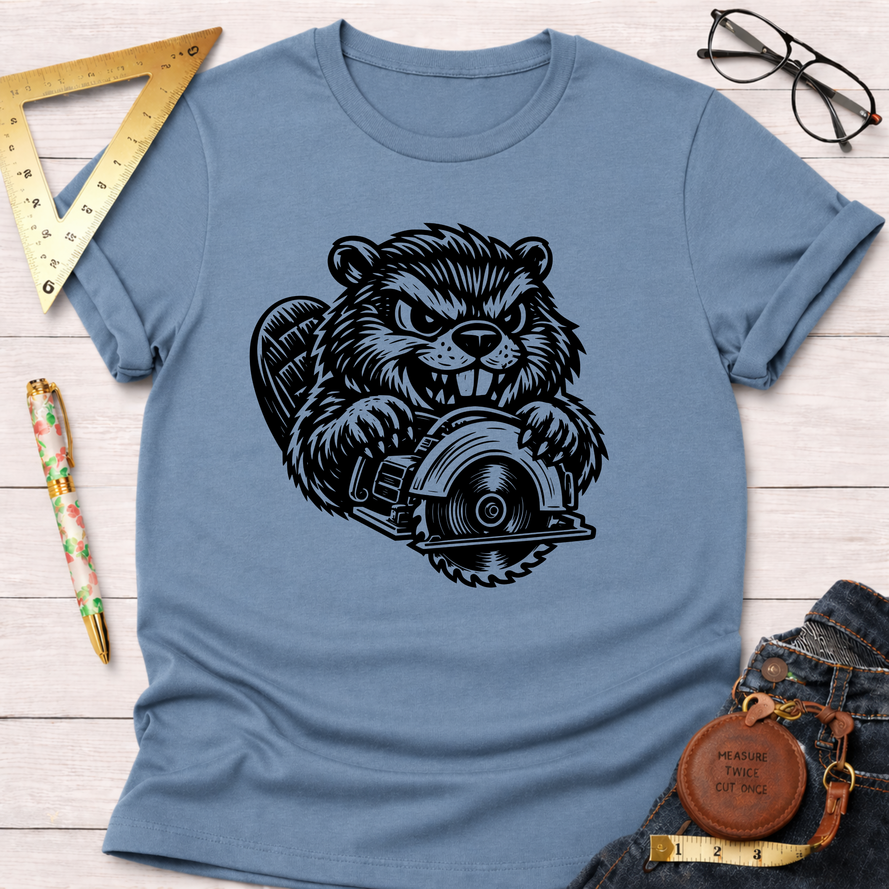 Blue t-shirt with an angry beaver holding a circular saw design, styled with woodworking tools.