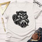 Cream cotton t-shirt with a black graphic of an angry beaver holding a circular saw.