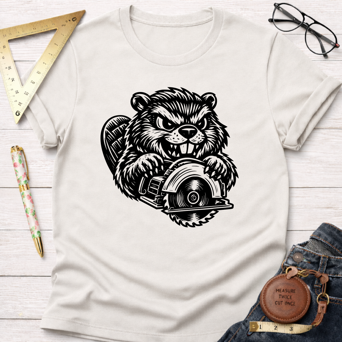 Cream cotton t-shirt with a black graphic of an angry beaver holding a circular saw.