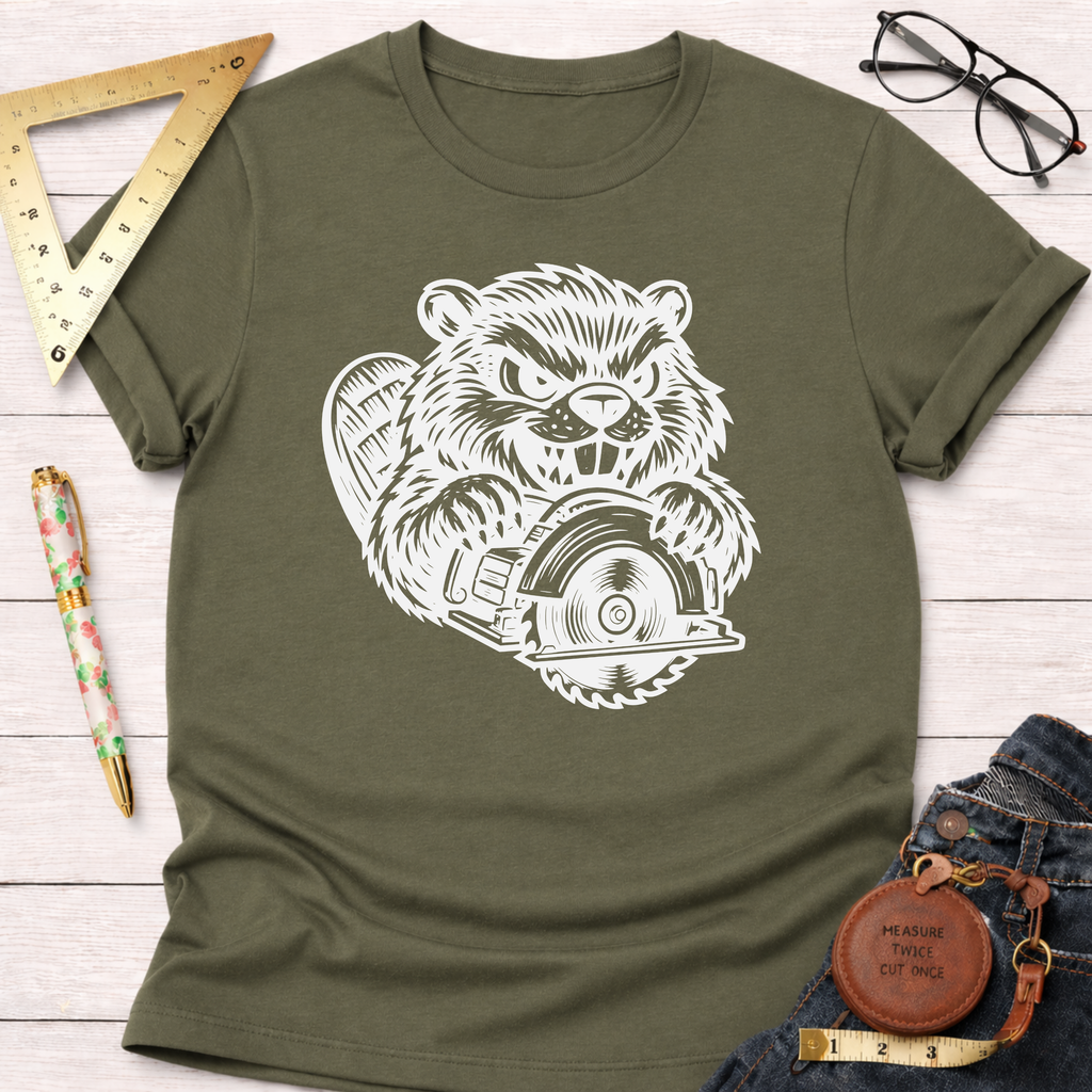 Olive green cotton t-shirt with a white graphic of an angry beaver holding a circular saw.