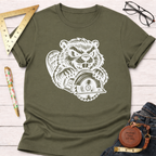 Olive green cotton t-shirt with a white graphic of an angry beaver holding a circular saw.