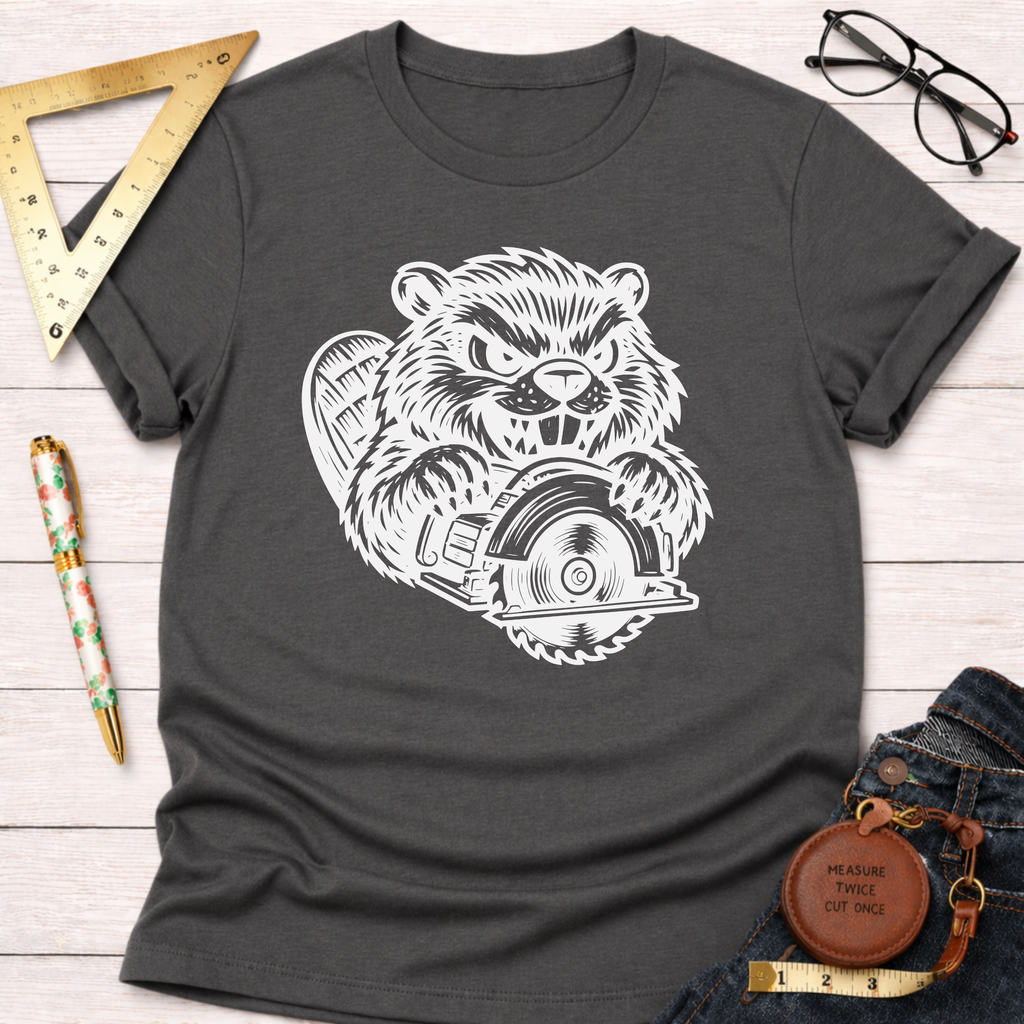 Dark gray t-shirt with a white graphic of an angry beaver holding a circular saw.