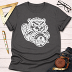 Dark gray t-shirt with a white graphic of an angry beaver holding a circular saw.