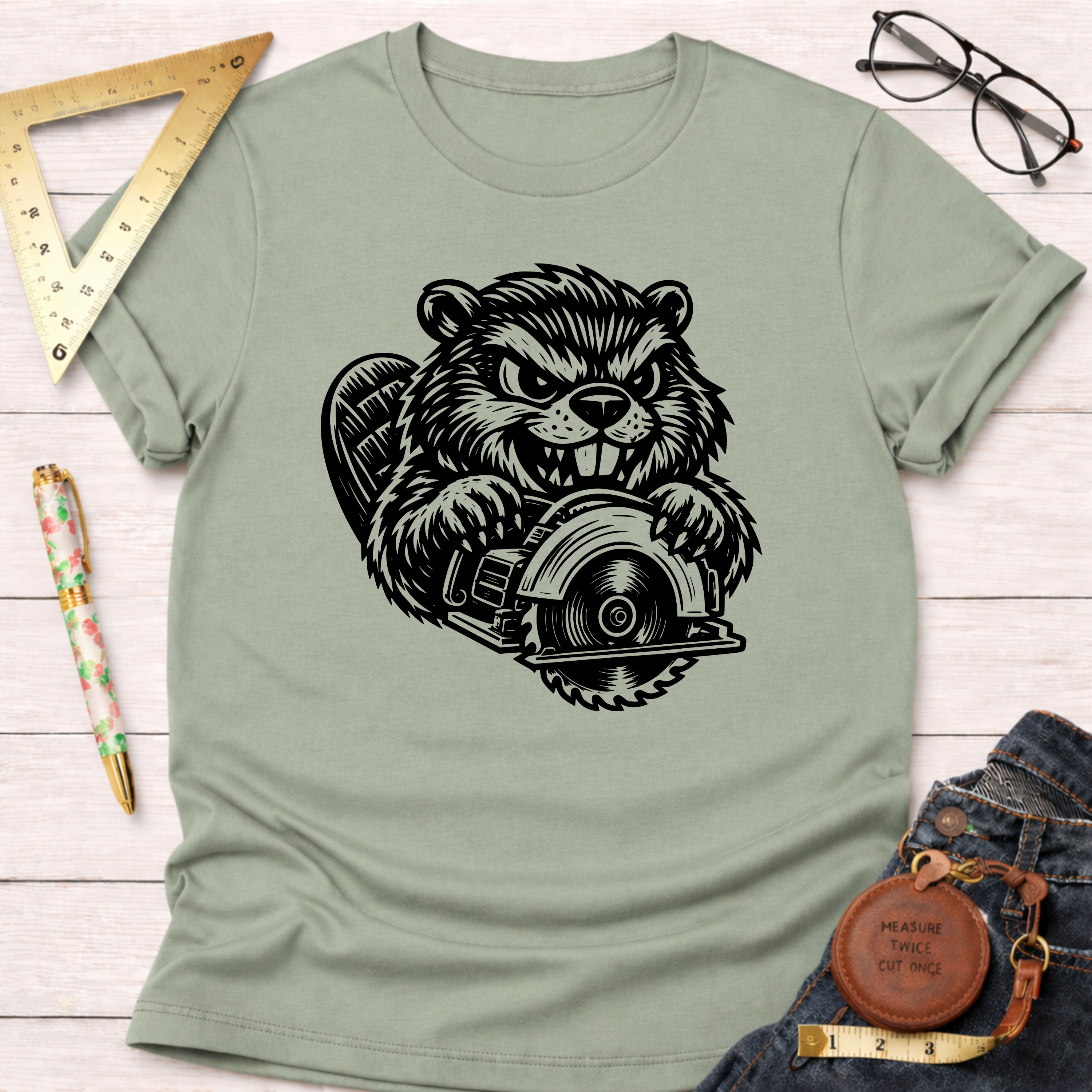 Sage green t-shirt with a black graphic of an angry beaver holding a circular saw.