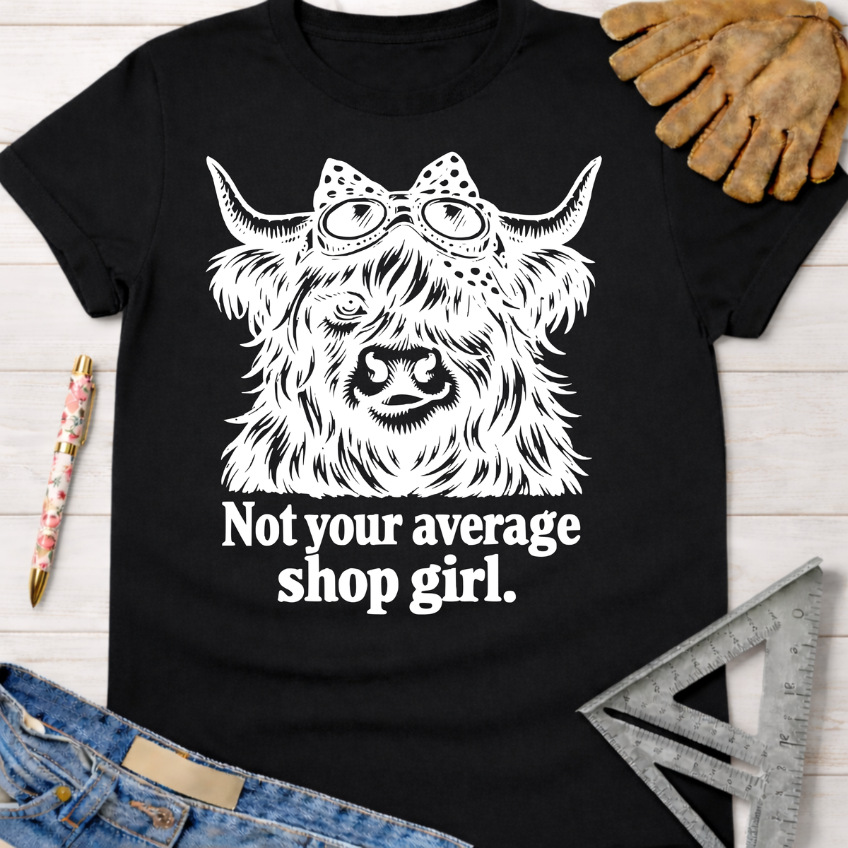 Black cotton tee with a white graphic of a Highland cow in goggles and bow, "Not your average shop girl." Women's funny woodworking graphic tee shirt for female woodworkers, makers, and DIY builders — Sawdust & Ponytails.