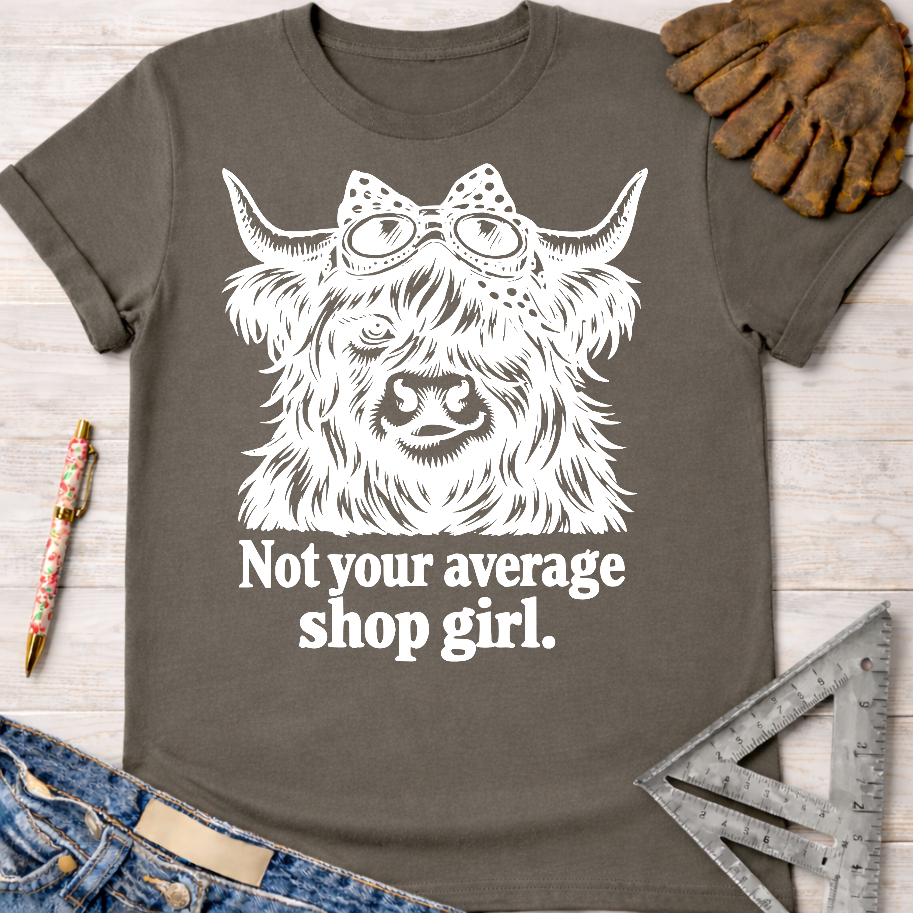 Women's funny woodworking graphic tee shirt for female woodworkers, makers, and DIY builders — Sawdust & Ponytails. Dark gray cotton tee with a white graphic of a Highland cow wearing a bow and goggles, above the text "Not your average shop girl.